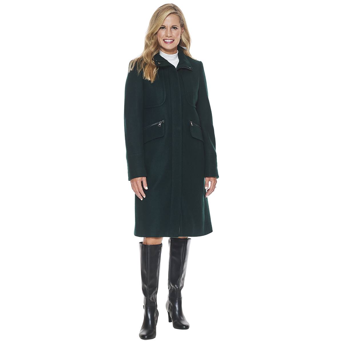 Womens Karl Lagerfeld Zip Wool Coat with Stand Collar