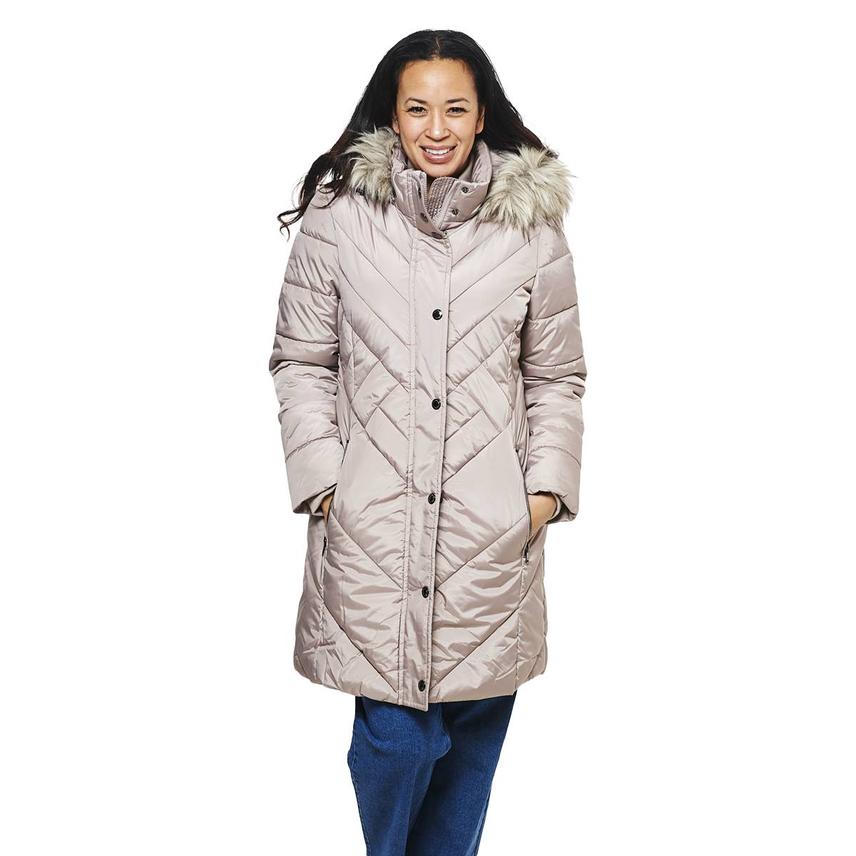 Womens London Fog 36in. Faux Fur Hood Puffer Coat