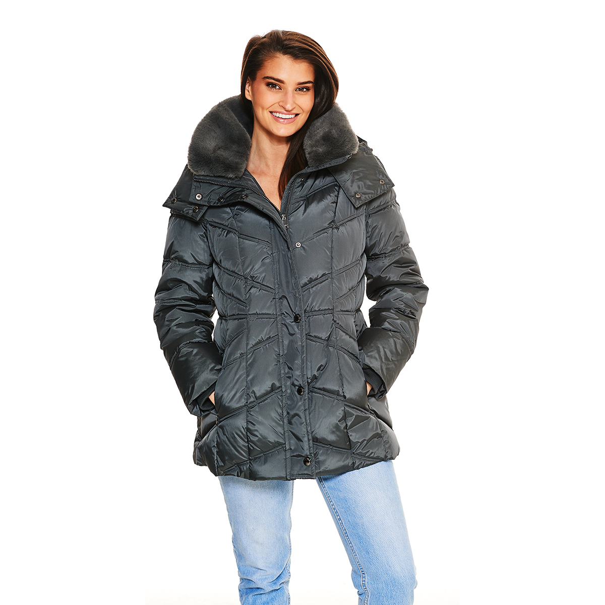 Womens London Fog 30in. Faux Fur Lined Club Collar Puffer Jacket
